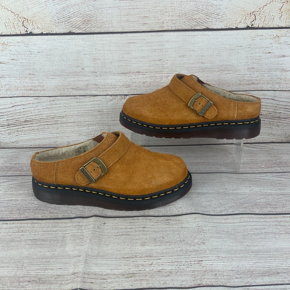 Dr. Martens Isham Womens Sz 8 Slingback Mules Faux Shearling Lined Suede Pecan